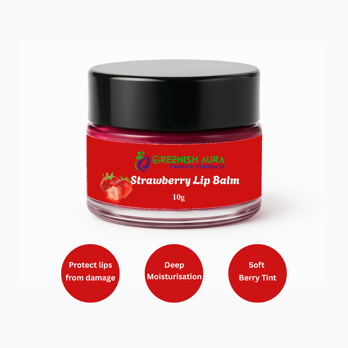 "Organic Strawberry Lip Balm by Greenish Aura – natural lip care with berry tint and moisturizing botanical oils