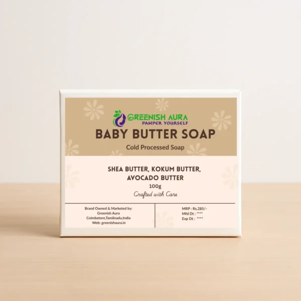 Greenish Aura Baby Butter Soap, a soothing, handmade bathing bar a rich blend of natural butters and cold-pressed oils