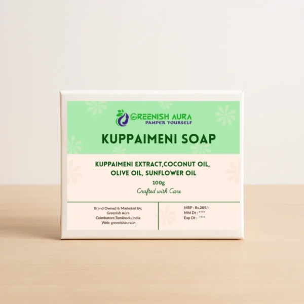 Kuppaimeni herbal soap by Greenish Aura handcrafted Ayurvedic bar with natural green tint, known for skin brightening and acne relief, set against a soft organic backdrop.