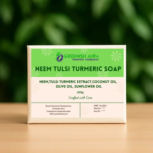 Neem Tulsi Turmeric Soap by Greenish Aura handcrafted herbal blend for acne control, brightening, and skin detox