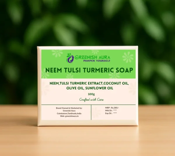 Neem Tulsi Turmeric Soap by Greenish Aura handcrafted herbal blend for acne control, brightening, and skin detox