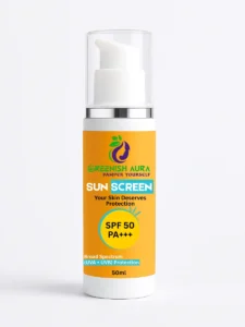 Tube of Greenish Aura Sunscreen Cream SPF 50 with organic ingredients, offering broad spectrum UVA/UVB protection