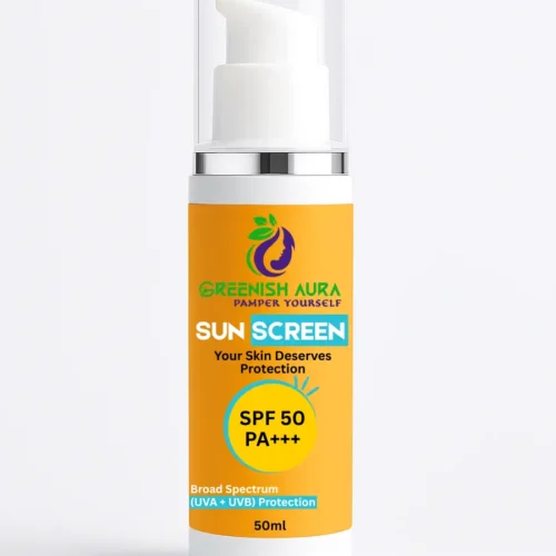 Greenish Aura Sunscreen Cream SPF 50 with organic ingredients, offering broad spectrum UVA/UVB protection