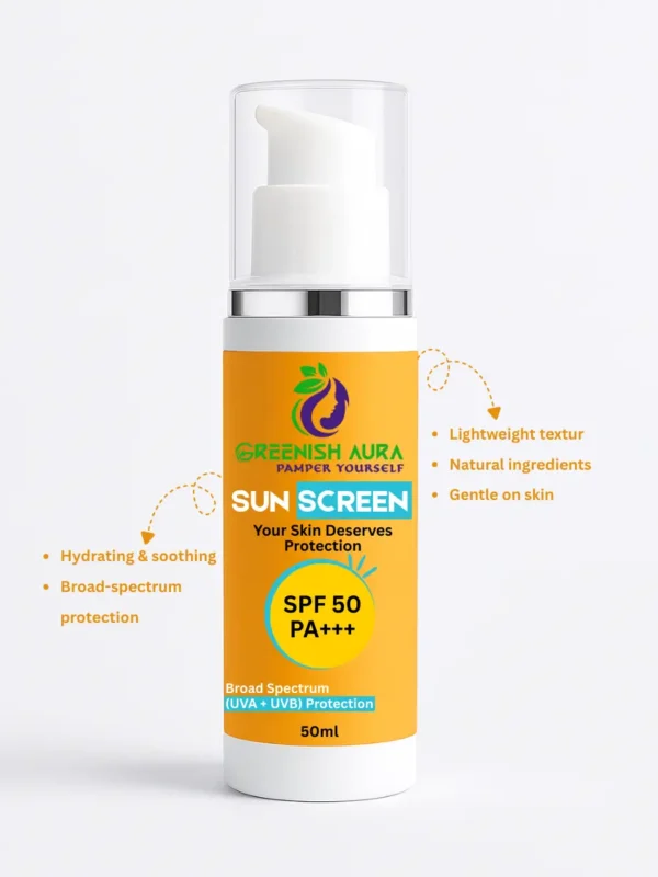 Greenish Aura Sunscreen Cream SPF 50 highlighting natural ingredients like Carrot Seed Oil, Cucumber Extract, and Wheat Germ Oil with skincare benefits