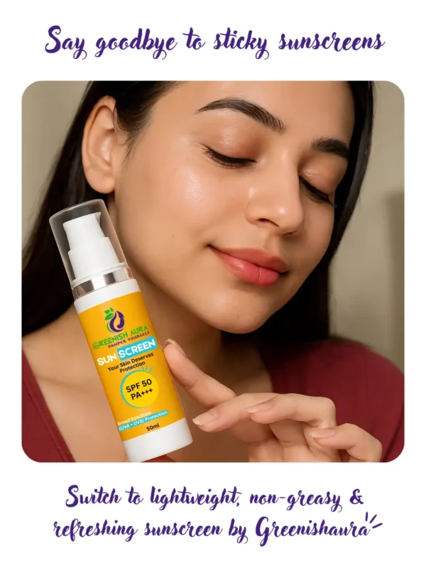 Greenish Aura Sunscreen Cream SPF 50 with organic ingredients, offering broad spectrum UVA/UVB protection